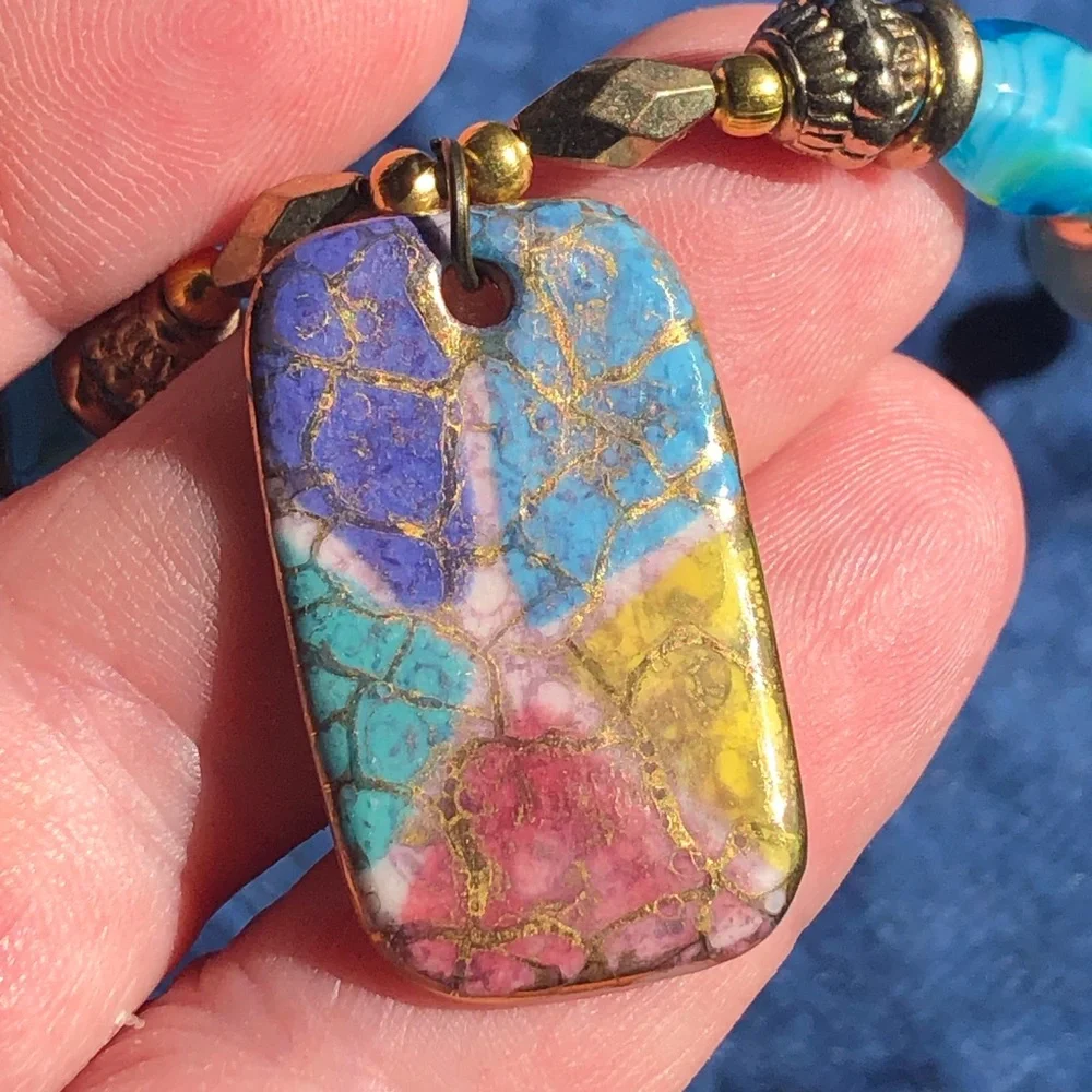 Handcrafted repurpose vintage 80s stained glass porcelain pendant bead necklace